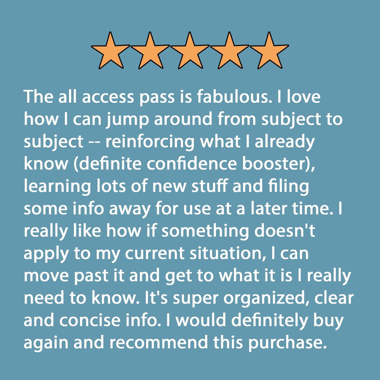 A glowing five-star review highlights The Boat Galleys All-Access Pass: Courses to Master Living on a Boat. The reviewer, living on a boat, praises the organization and clarity of courses that boost confidence for future endeavors. They love the flexibility and would buy and recommend it again.