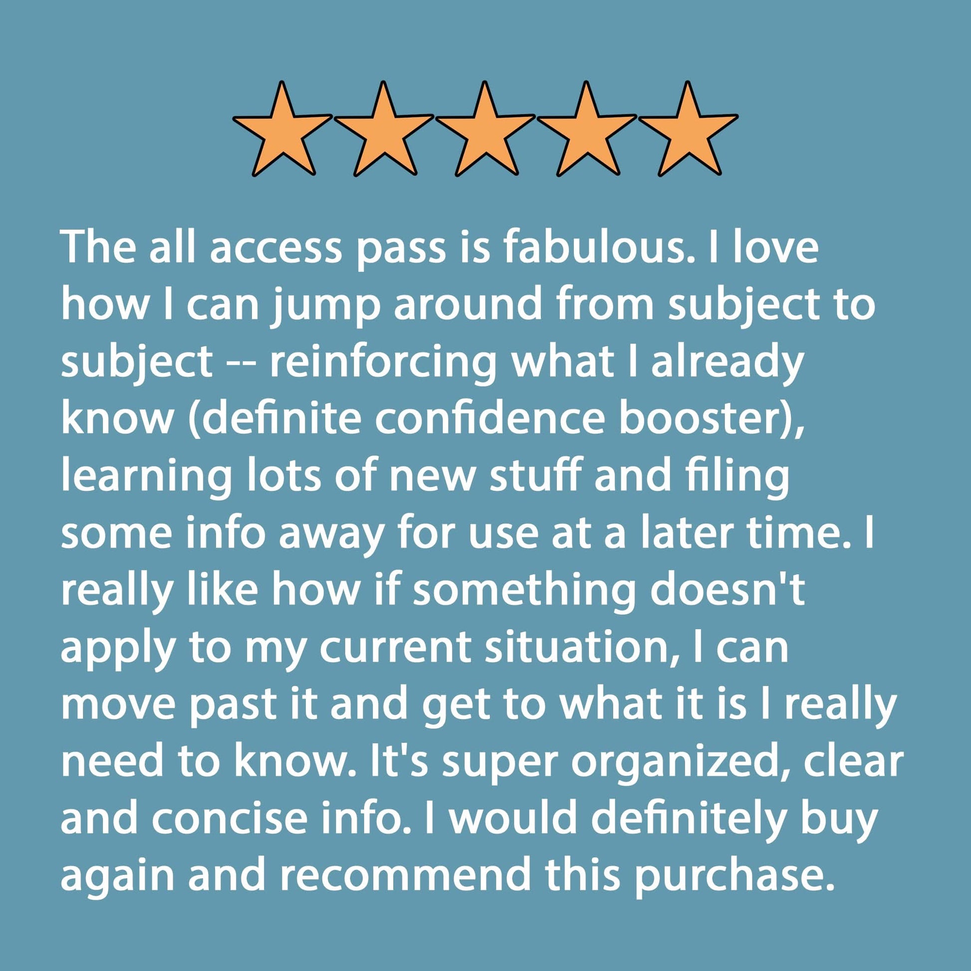 A glowing five-star review highlights The Boat Galleys All-Access Pass: Courses to Master Living on a Boat. The reviewer, living on a boat, praises the organization and clarity of courses that boost confidence for future endeavors. They love the flexibility and would buy and recommend it again.