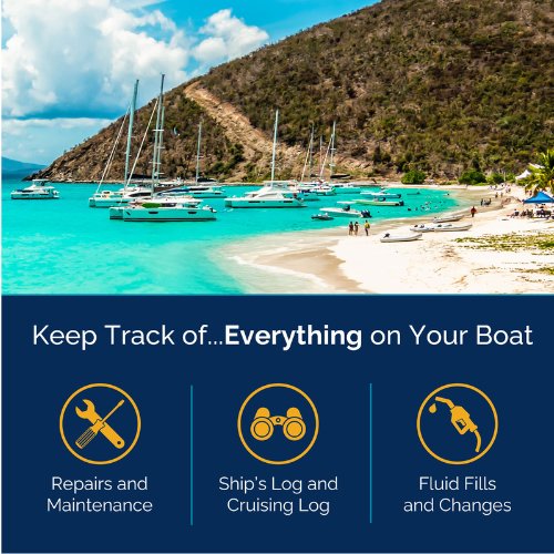 A scenic beach with boats anchored near the shore under a clear sky. Below the image, icons display: Repairs and Maintenance, Ship’s Log: A Captain’s Log for Boat Trips and Maintenance, and Fluid Fills and Changes by The Boat Galley.