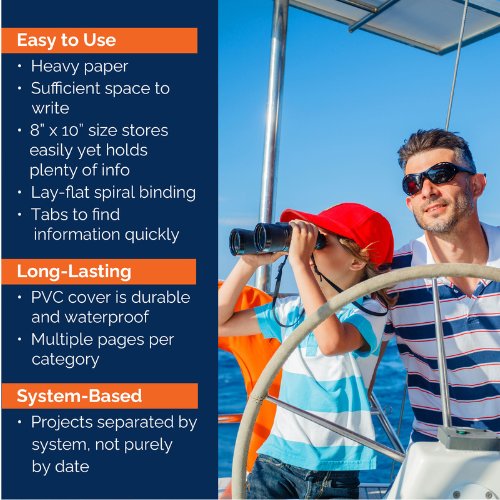 A man and child with a red cap are on a boat; the child uses binoculars. Ideal for tracking boat maintenance or logging adventures, The Boat Galleys Ship’s Log: A Captain’s Log for Boat Trips and Maintenance emphasizes ease of use, durability, and systematic record-keeping.