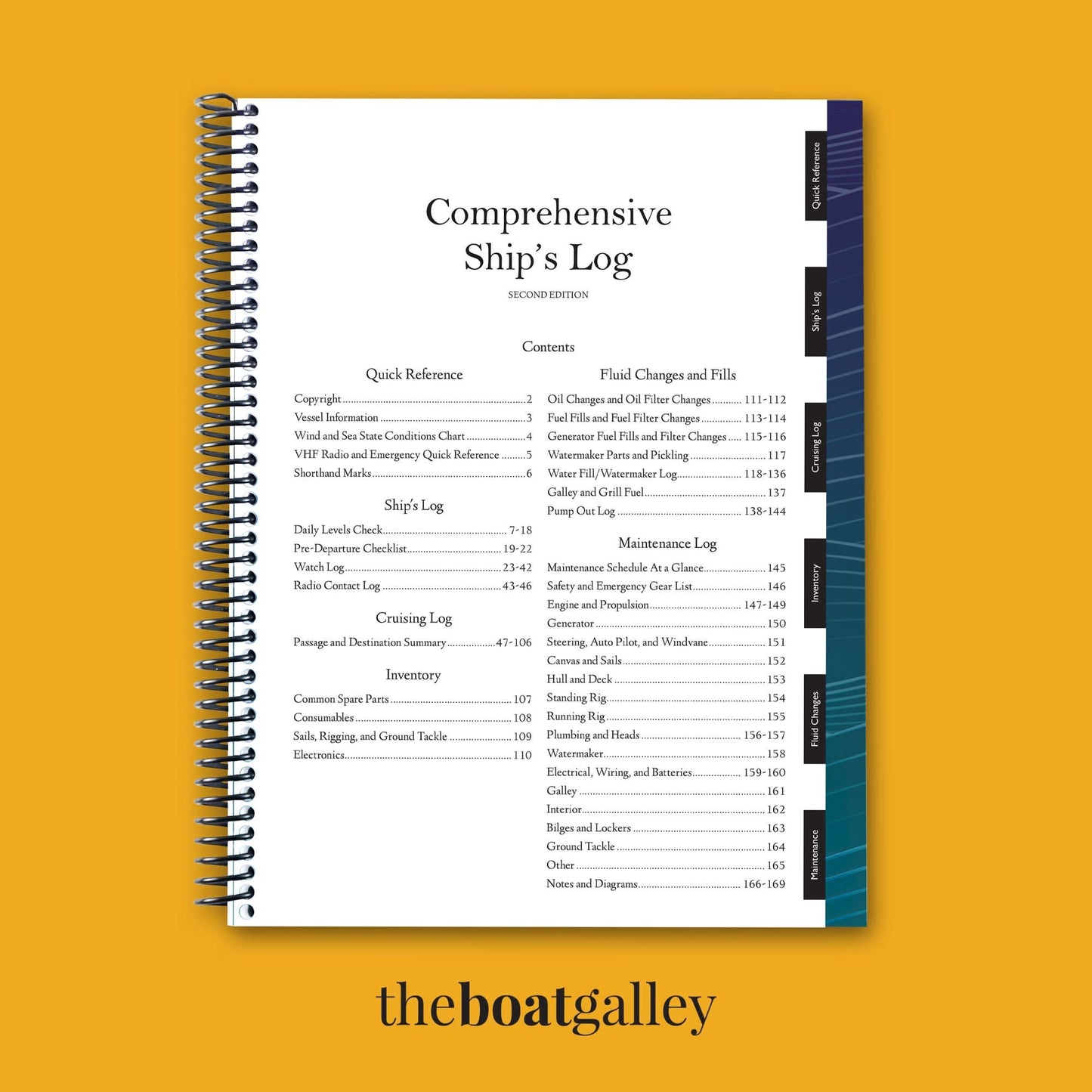 A spiral-bound book titled Ship’s Log: A Captain’s Log for Boat Trips and Maintenance from The Boat Galley sits against a yellow background. The cover shows a detailed list, featuring Quick Reference, Captain’s Logbook, Cruising Log, Inventory, and Boat Maintenance sections.
