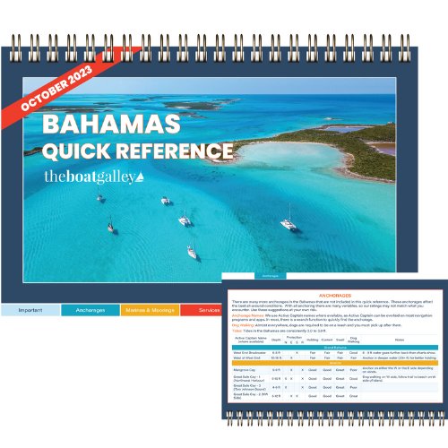 Image of the spiral-bound Bahamas Cruising Guide: Quick Reference for Boaters by The Boat Galley, with a stunning aerial view of turquoise waters and boats. An inset page titled Anchorages shows that inside pages are tables for quick look-ups of important information.
