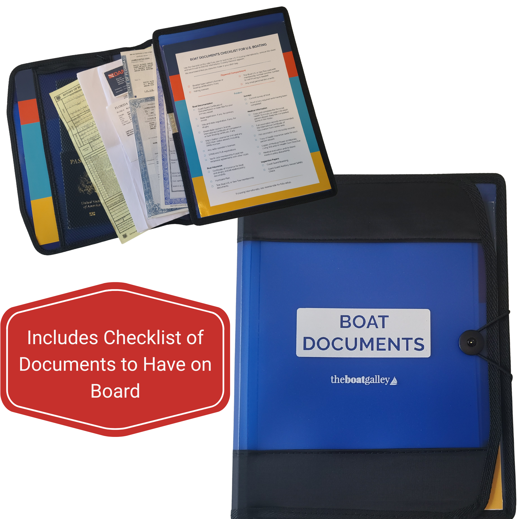Front of The Boat Galley Boat Documents Organizer which organizes essential boat documents and holds up to 400 pages