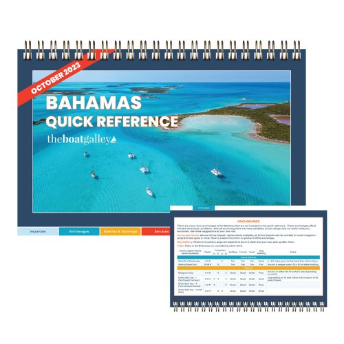 Collage of cover of Bahamas cruising uide and one inside page, showing how it is laid out in tables and not pages of narrative.