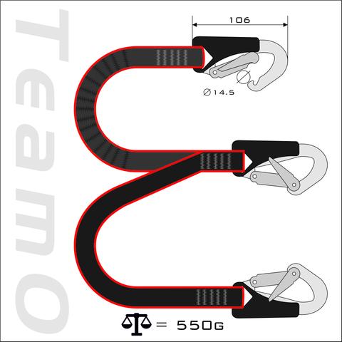 Diagram of TeamO Kru Triple Hook Safety Tether by Cruising Solutions: double lanyard with two carabiner hooks, overload indicator, 106mm width, 14.5mm hook diameter, weight 550g. Black webbing with red edges.
