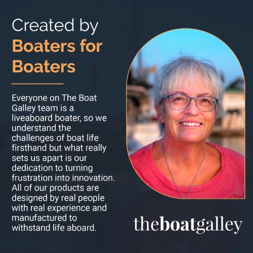 Image of Carolyn Shearlock with text detailing how all of the team members are liveaboard boaters and items are created by boaters for boaters.