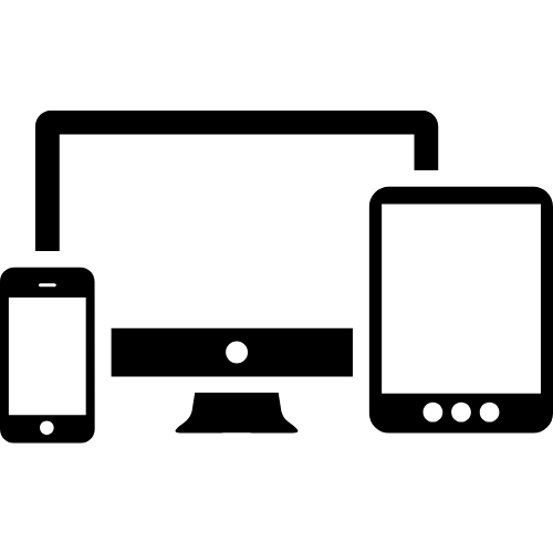 Icon with mobile, tablet, and desktop screens used to show that course is all online, no shipping required