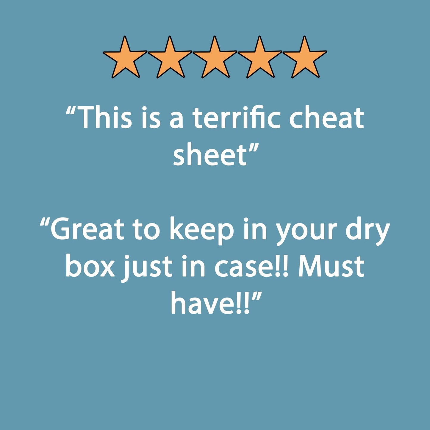 Two 5-star reviews: "this is a terrific cheat sheet" and "great to keep in your dry box just in cas!! Must have!!"