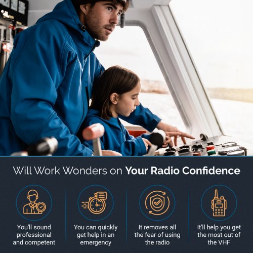 Father and daughter at the helm on a boat, and text discussing the benefits of the VHF course: sounding competent, getting help in an emergency, removing fear of using the radio, and helping you use all the radio's features.