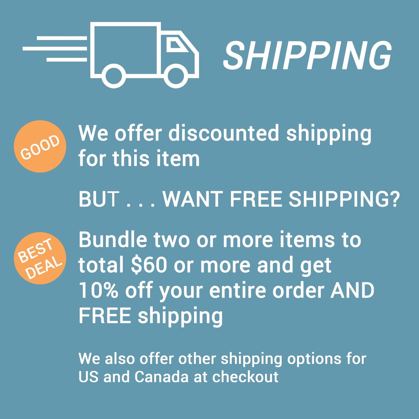 Blue graphic with icons: A truck icon and SHIPPING are at the top. Enjoy free shipping when you bundle two items totaling $60+, plus a 10% discount, with shipping options for US and Canada noted. Brand: The Boat Galley.