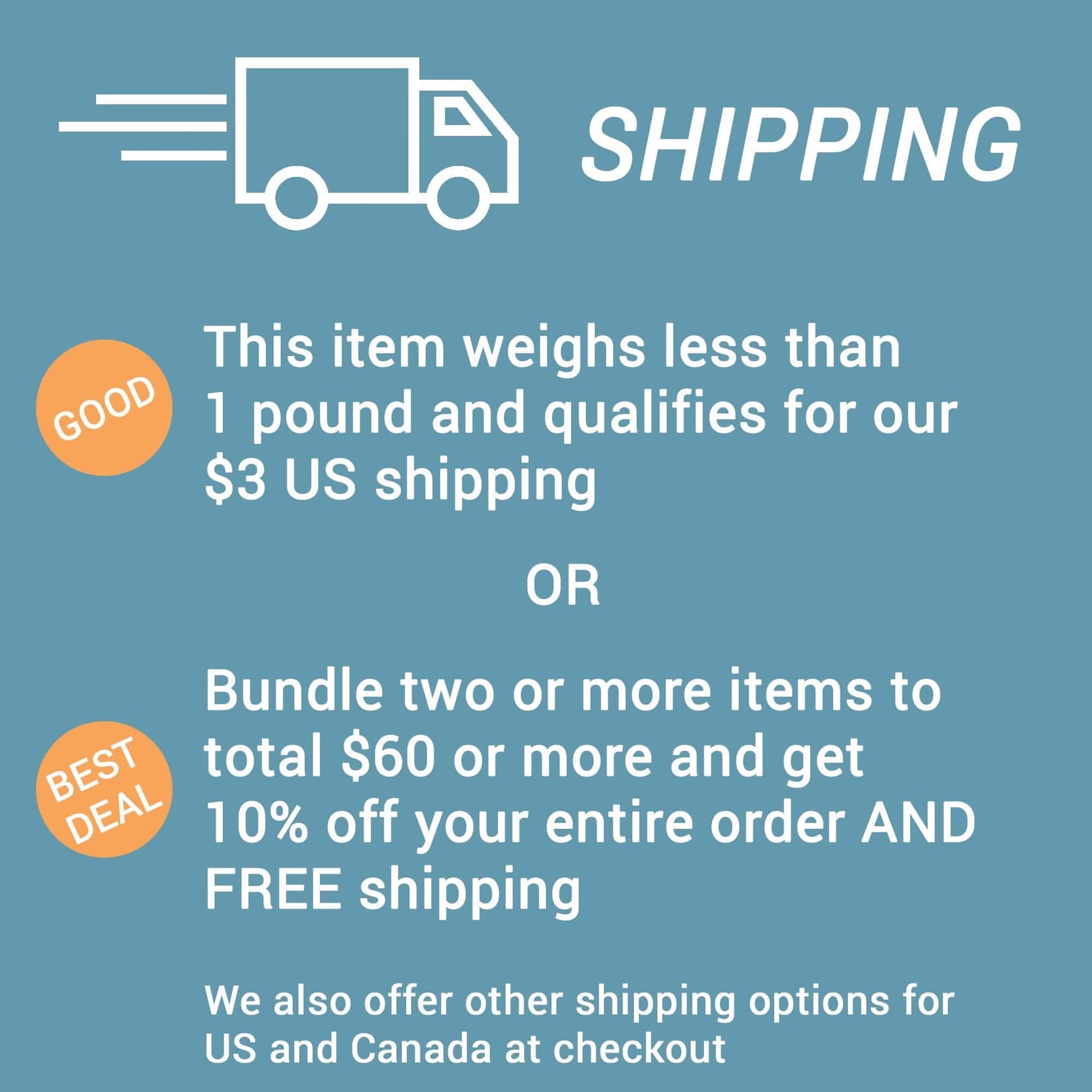 Shipping infographic: Good is $3 US for items under 1 lb. Best Deal bundles $60+ for 10% off and free shipping, akin to using the Bahamas Cruising Guide by The Boat Galley. Note: More US and Canada options available at checkout.