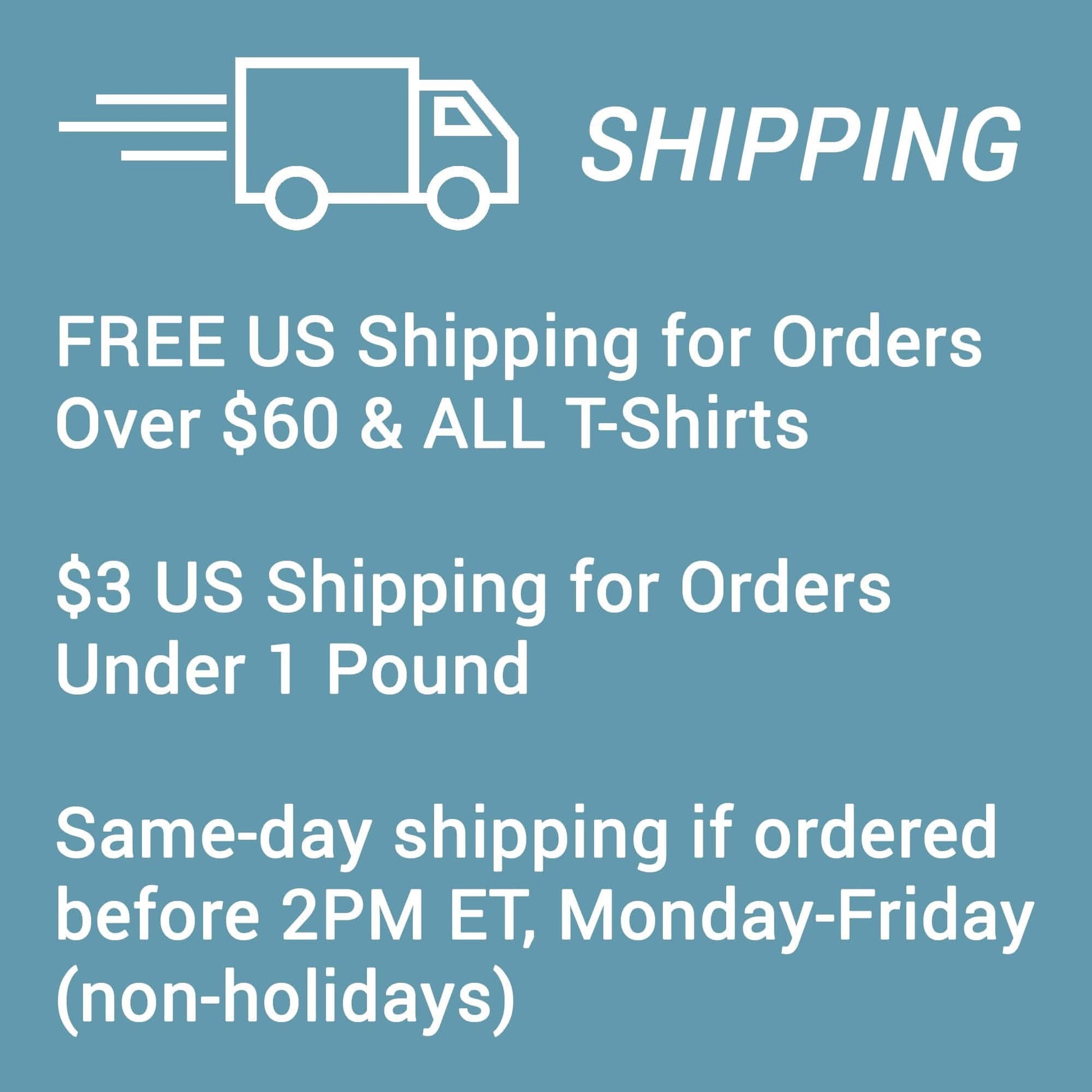 The Bahamas Cruising Guide graphic features a white truck icon and SHIPPING text, offering detailed shipping info: free US shipping for orders over $60 or T-shirts, $3 for under 1 pound, with same-day dispatch if ordered by 2 PM ET on weekdays (excluding holidays).