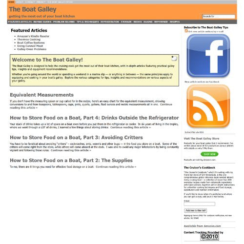 Screenshot of The Boat Galley homepage from its 2010 launch, showing the original website design and layout.