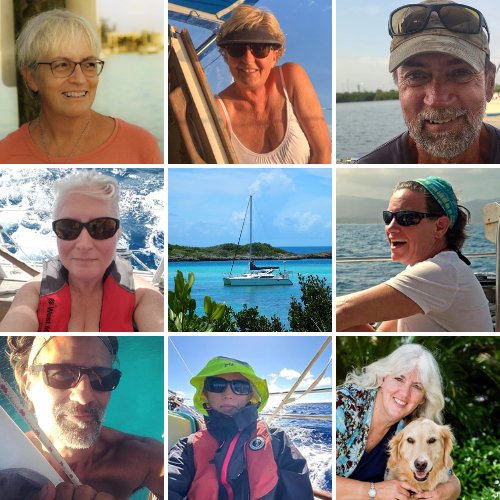 A 3x3 collage with head shots of the 8 members of The Boat Galley team, surrounding a small catamaran in the Bahamas.