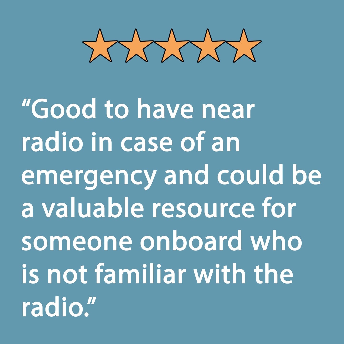 A blue graphic shows a five-star rating and text: The Boat Galleys Handy VHF Reference is great to keep near the VHF radio for emergencies, serving as a valuable resource for anyone unfamiliar with marine communication.