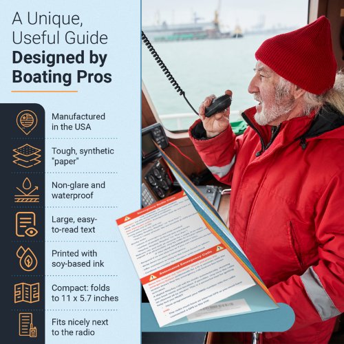 Picture of gray-haired boat captain using the VHF with text listing the features of the Handy VHF Reference