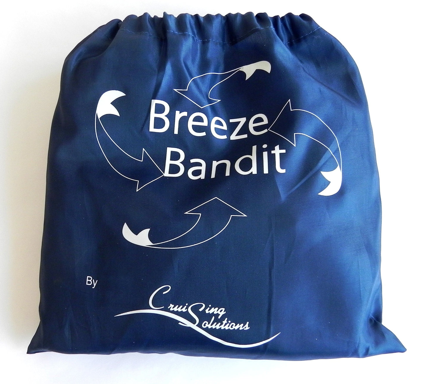 Blue drawstring bag with 'Breeze Bandit' and 'Cruising Solutions' branding on a white background