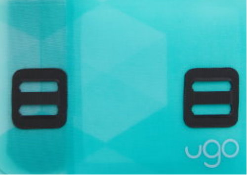 A close-up of the ugo® Seafoam Geo Collection TABLET XL from ugo wear, featuring two black rectangular buckles, a geometric pattern, and the ugo logo. This waterproof tablet case ensures reliable protection for your electronics.