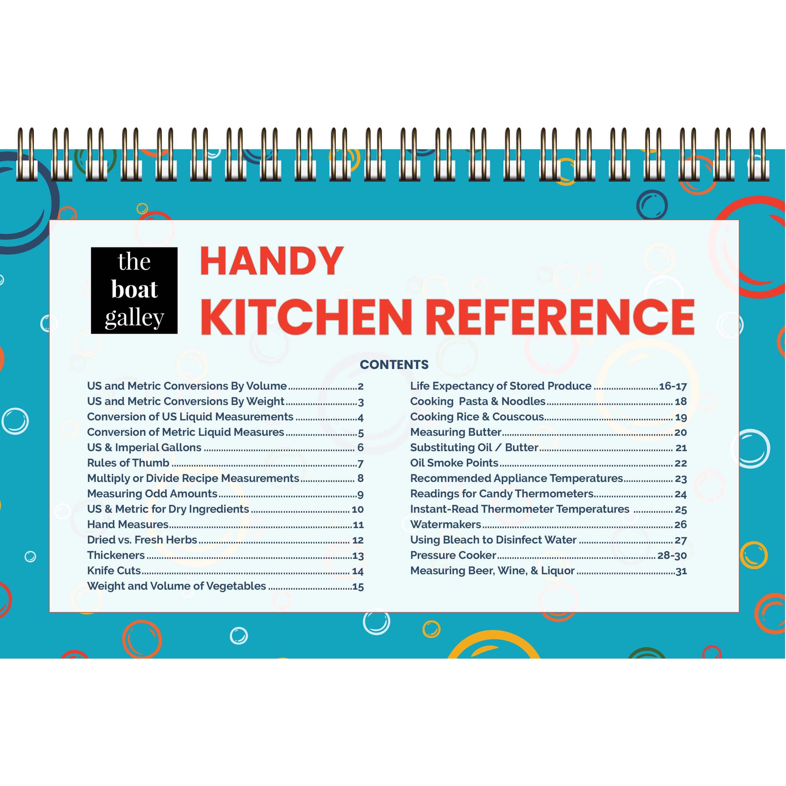 Handy kitchen reference with quick cooking tips, measurement conversions, and substitutions