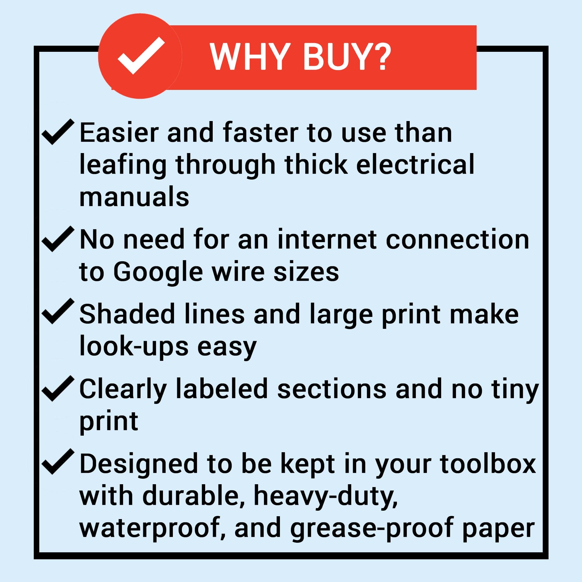 A promotional graphic titled WHY BUY? in a red banner showcases The Boat Galleys 12 Volt Wiring Size Chart. Features include ease of use, offline access for wire sizes, shaded lines, large print, clear labels, and durable waterproof and grease-proof paper perfect for toolbox storage.