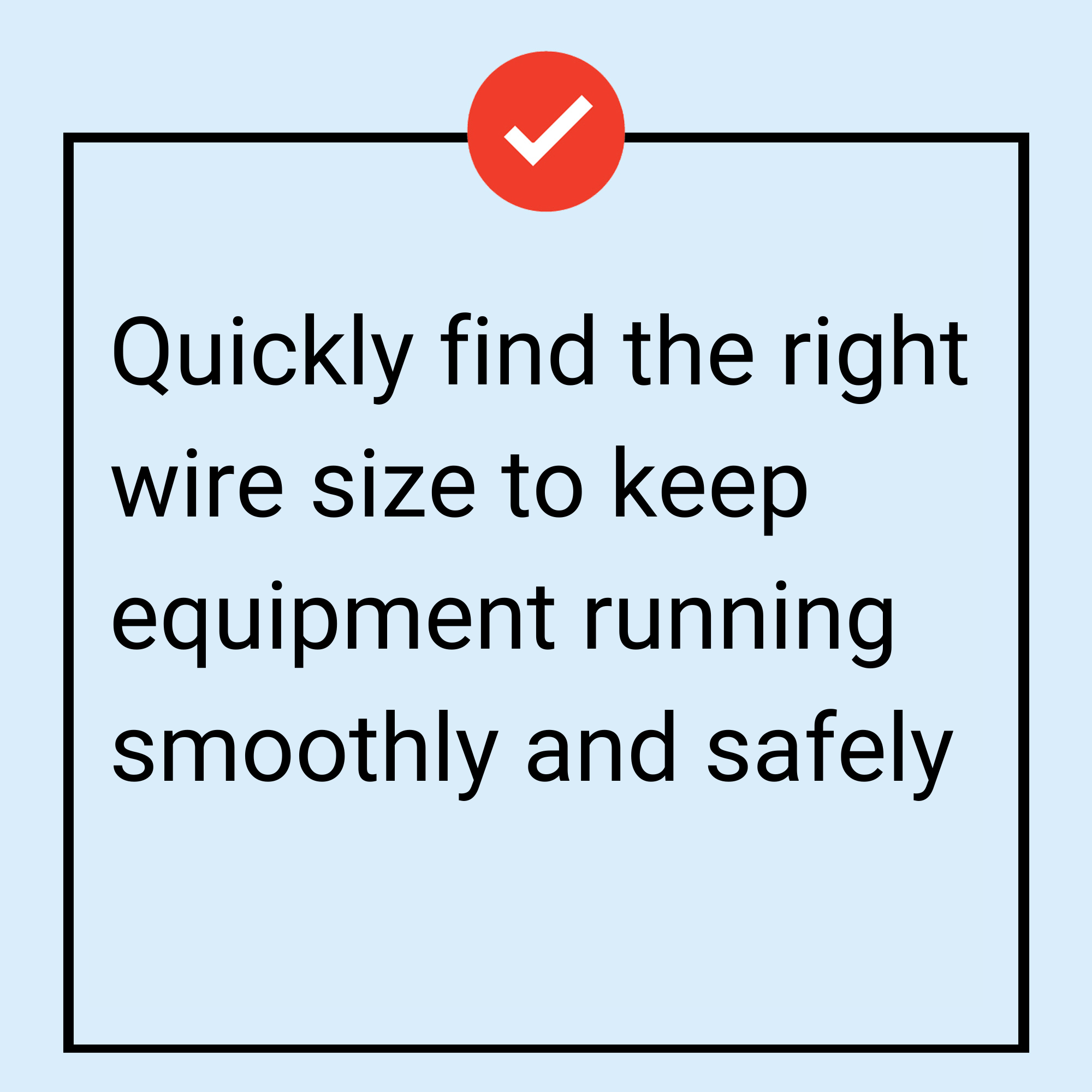 Text on image reads: Use The Boat Galleys 12 Volt Wiring Size Chart to easily find the right wiring size, ensuring smooth and safe equipment operation. Red checkmark icon above the text.