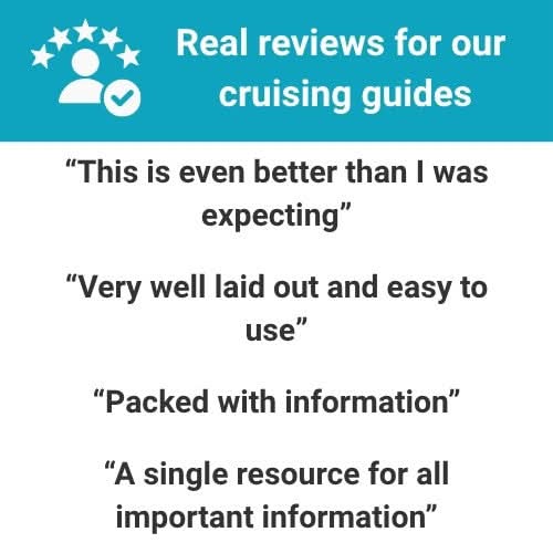 Graphic displaying reviews for The Boat Galley’s New England Cruising Guide: “Even better than I was expecting,” “Very well laid out and easy to use,” “Packed with information,” and “A single resource for all important information.”.