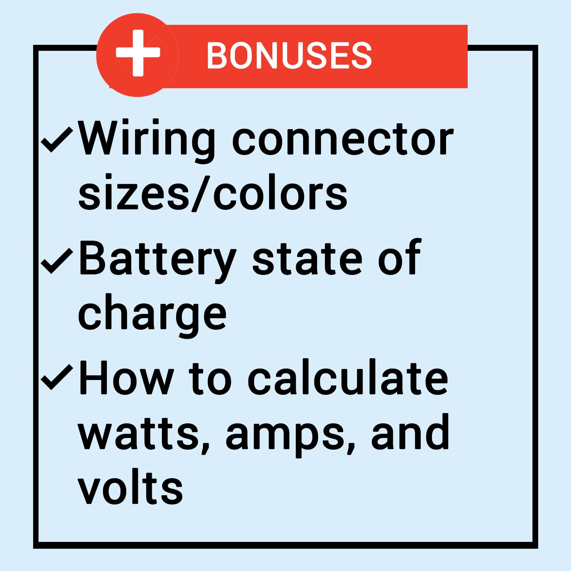 A blue bannered Bonuses checklist features The Boat Galleys 12 Volt Wiring Size Chart, detailing wiring connector sizes/colors, battery charge state, and calculations for watts, amps, and volts for precise installations.