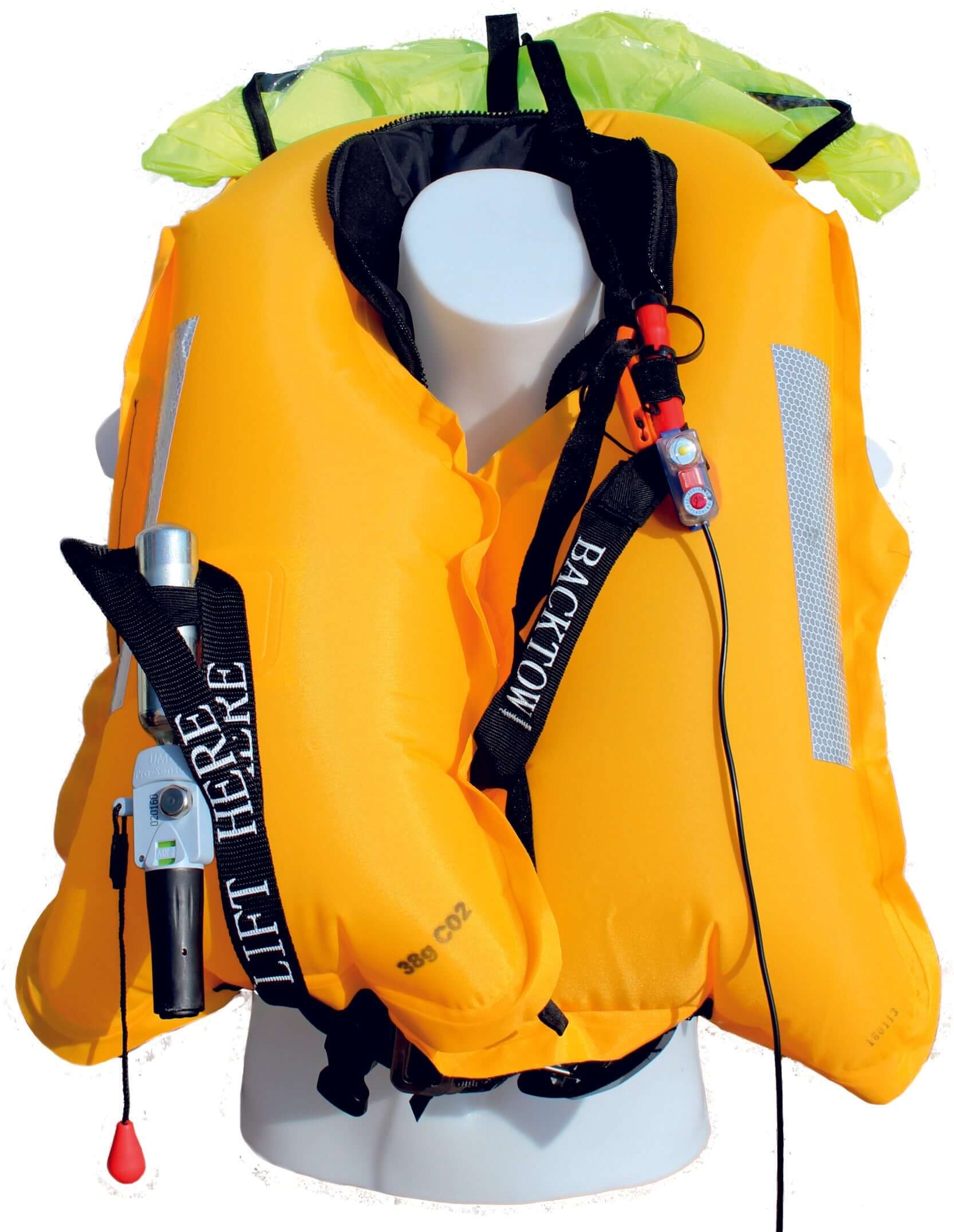 A Cruising Solutions TeamO PFD with BackTow™ - Offshore Black ProSensor Elite is shown on a white mannequin. The bright jacket features reflective strips, CO2 inflator, whistle, "LIFT HERE" harness, and green detailing at the top.