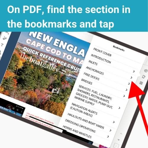 A tablet shows The Boat Galley's New England Cruising Guide PDF, with bookmarks like INTRODUCTION and ANCHORAGES. An arrow highlights easy navigation from Cape Cod to Maine using this quick reference tool.