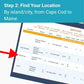 A chart from The Boat Galley’s New England Cruising Guide details marina services in East Boston, Winthrop, and Lynn, with a red arrow marking Crystal Cove Marina—an essential reference for Cape Cod to Maine boaters.