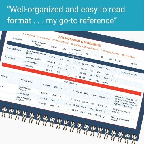 The Boat Galley’s New England Cruising Guide is a spiral-bound reference featuring charts of anchorages and moorings from Cape Cod to Maine, with details on holding and dock access. “Well-organized and easy to read ... my go-to reference.”.