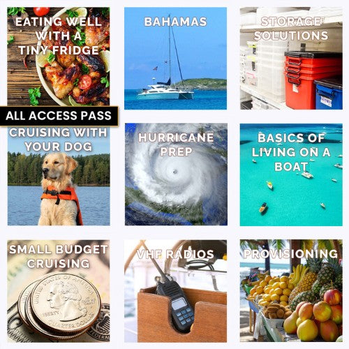 Collage of online courses covering provisioning and cooking on a boat, how to store everything you need aboard, hurricane preparation, and more for life on a boat.