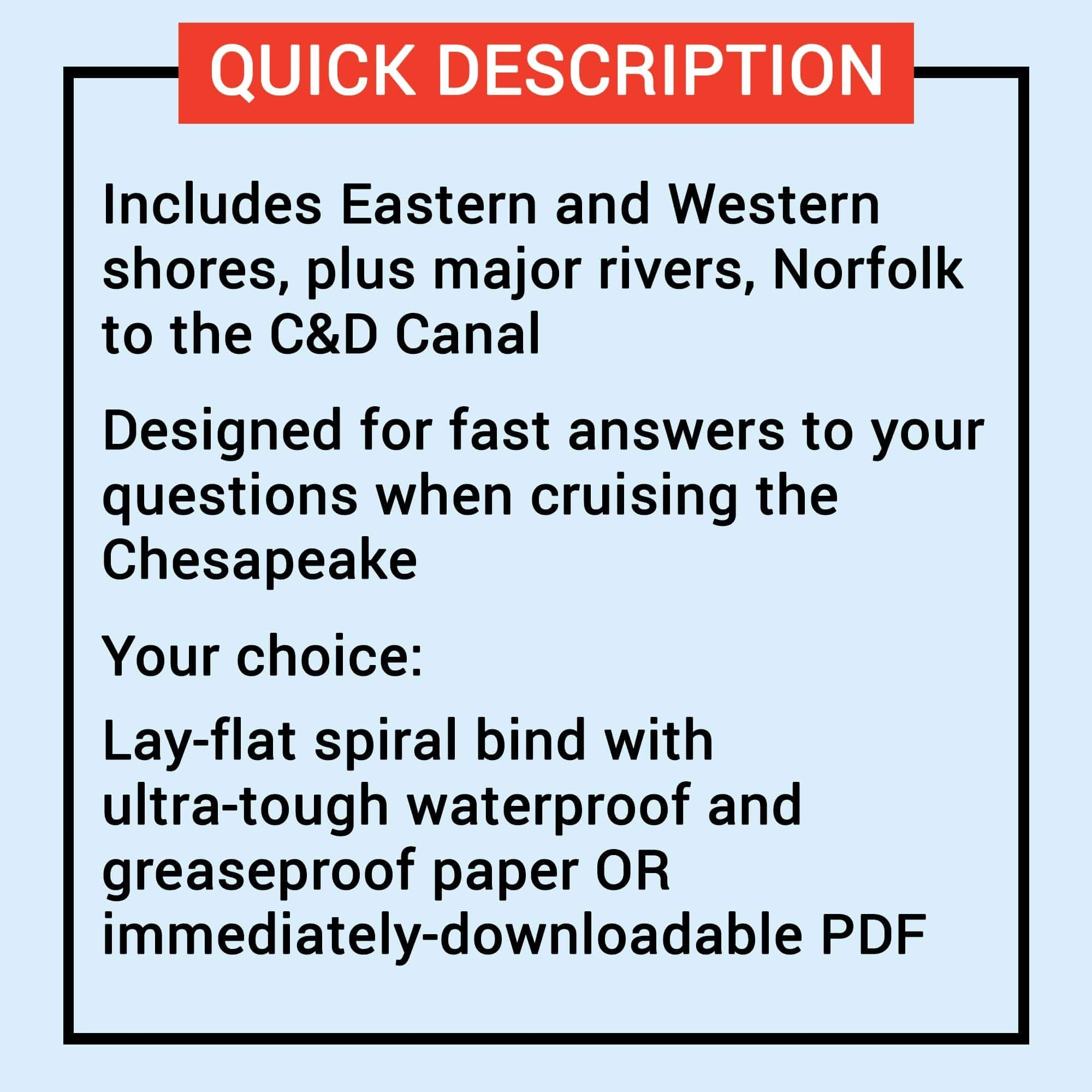 Explore the All-Chesapeake Bay Cruising Guide by The Boat Galley, featuring Eastern and Western shores, rivers, and the C&D Canal. Available as a waterproof spiral-bound book or downloadable PDF for all your boating needs.