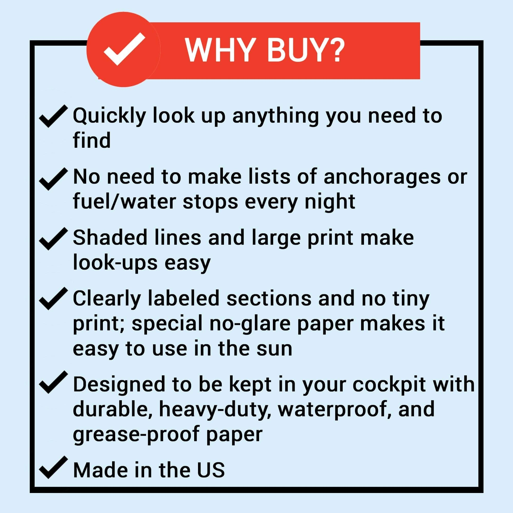 The infographic Why Buy? for The Boat Galleys All-Chesapeake Bay Cruising Guide highlights a red checkmark and benefits like quick lookup, combined lists, shaded lines, large print, clear sections, and glare-proof paper. Made in the USA, its your durable cockpit companion for Chesapeake Bay cruising.