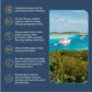 A promotional graphic highlights the benefits of The Boat Galleys Bahamas Cruising Guide: Quick Reference for Boaters, emphasizing its specialized info and durability. To the right, a photo showcases clear turquoise waters and moored boats near lush greenery and sandy shores, perfect for sailing.