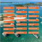 Arial view of a tropical coast with boats gliding on turquoise waters. Text list all island groups covered in The Boat Galley Cruising Guide to the Bahamas.