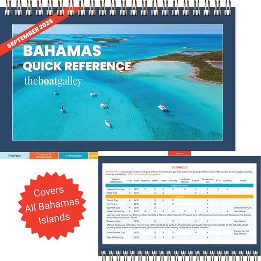 Spiral-bound guide "Bahamas - boat show" by The Boat Galley features an aerial photo of turquoise waters with boats, a red "SEPTEMBER 2023" label, and a badge saying "Covers All Bahamas Islands." A sample table is included.