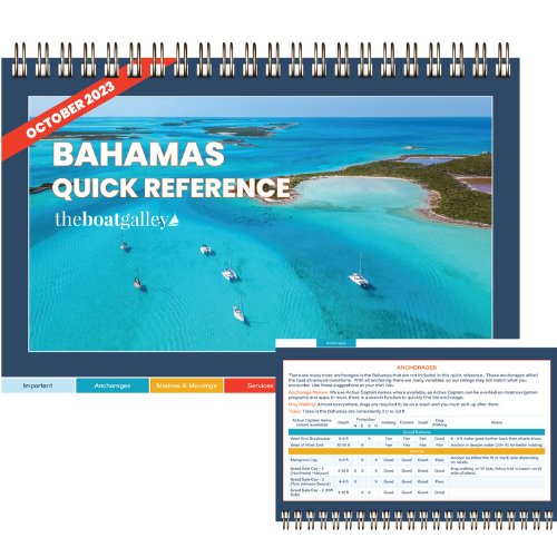 Bahamas cruising guide with quick-reference tables for anchorages, marinas, customs, navigation hazards, and boater services.