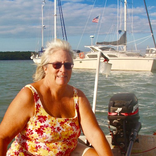 Carolyn Shearlock driving a dinghy, representing The Boat Galley's books and references, including the Outboard Troubleshooting Guide.