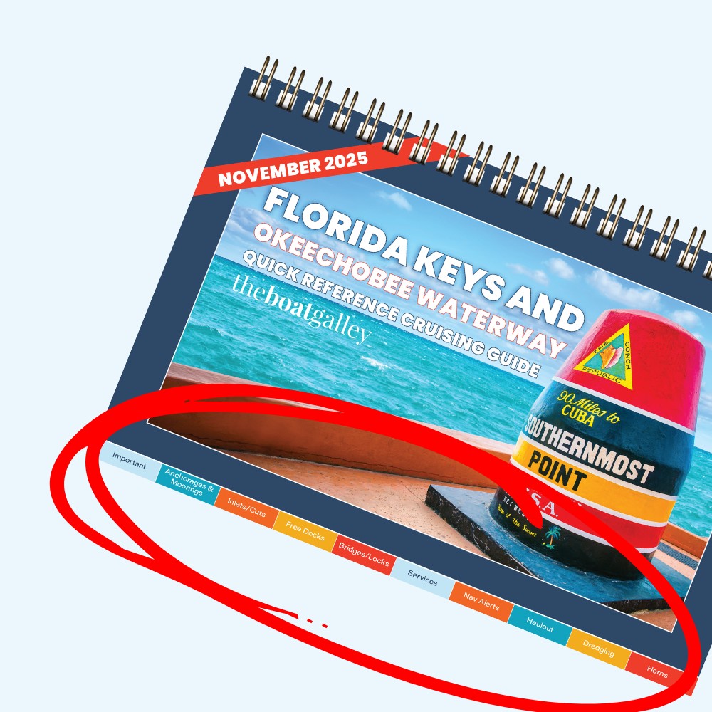 A spiral-bound guide titled Florida Keys and Okeechobee Waterway Quick Reference Cruising Guide for November 2025 features a photo of the Southernmost Point buoy and a navigation menu at the bottom.