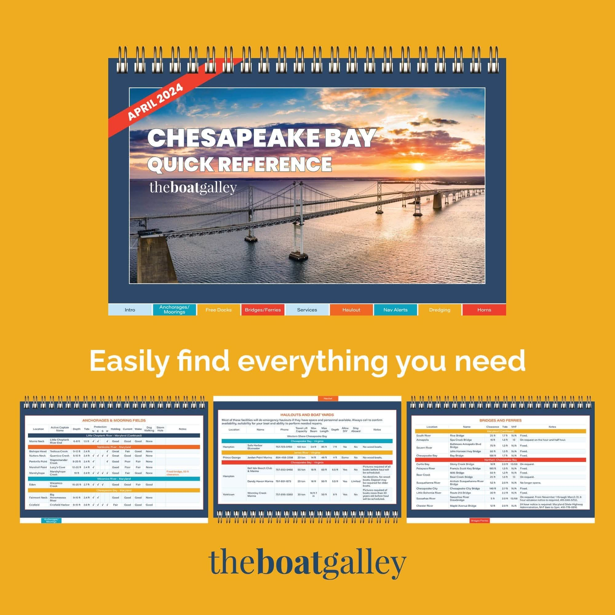 A promotional image for the All-Chesapeake Bay Cruising Guide by The Boat Galley. The main image shows a sunset over a water bridge, embodying maritime adventure. Below are smaller guide pages with text that says, Easily find everything you need.