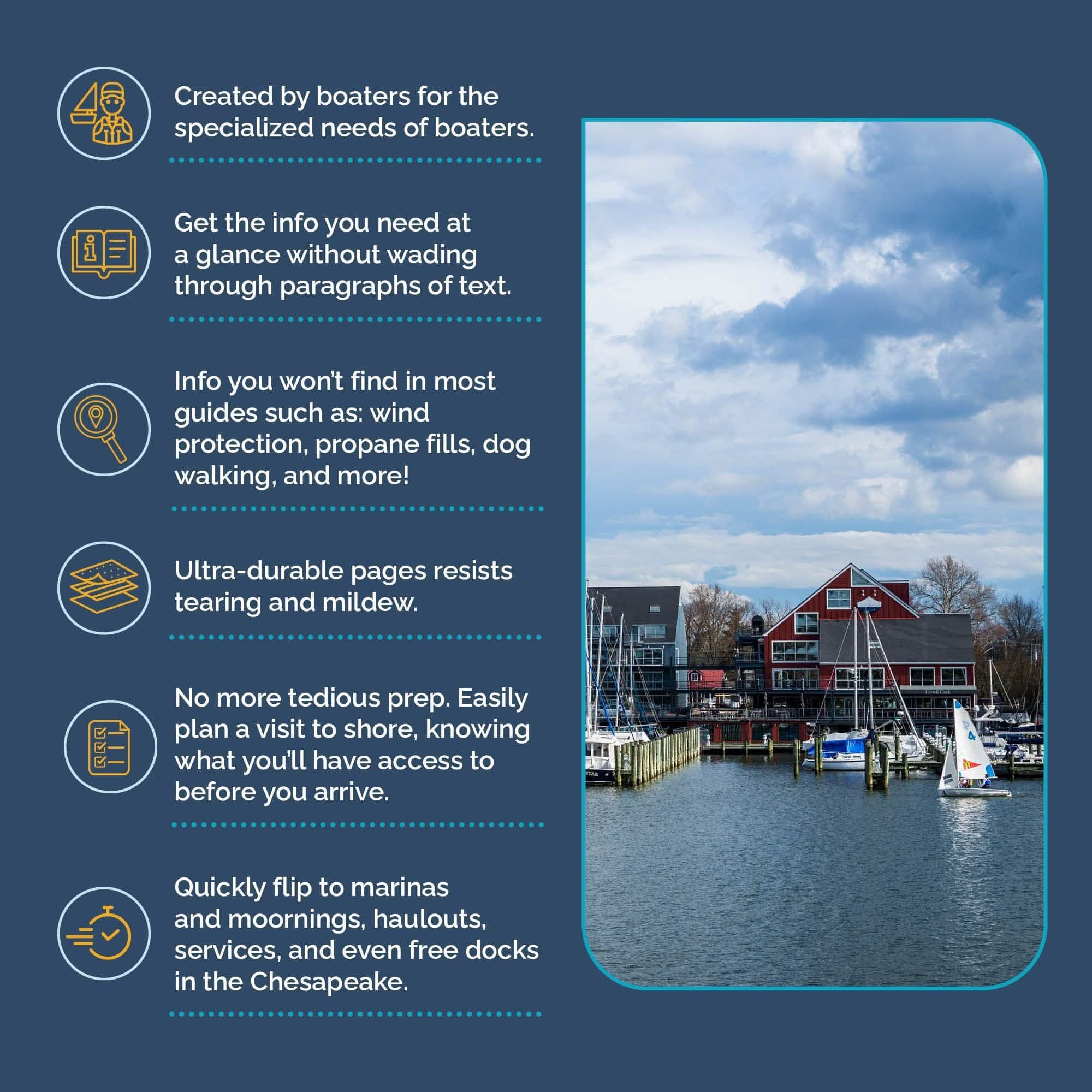 A split image with a marina on the right shows boats, a red building, and calm water beneath a cloudy sky. On the left, infographics highlight The Boat Galleys All-Chesapeake Bay Cruising Guide: quick info, unique tips, durable pages, easy prep, and detailed marina insights.