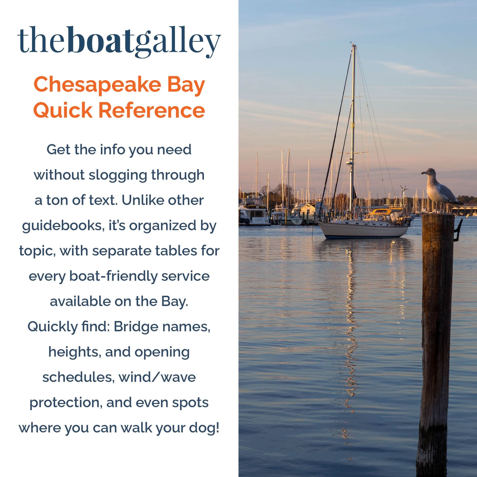 A seagull perches on a wooden post at a marina during sunset, calm waters reflecting boats and docks. Text on the left promotes All-Chesapeake Bay Cruising Guide by The Boat Galley, emphasizing its benefits for avid sailors exploring this serene waterway.