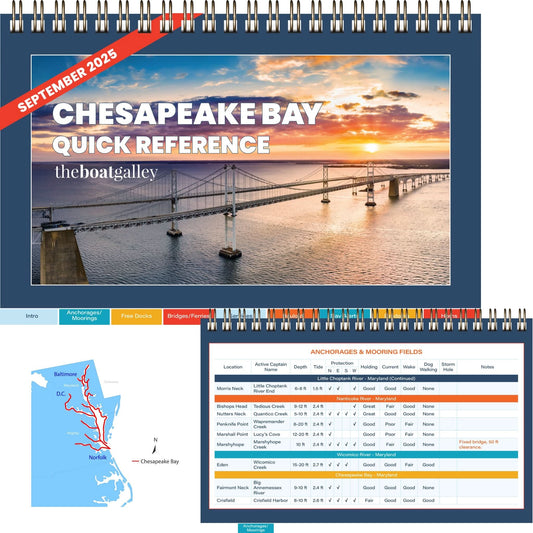 The Boat Galley’s Chesapeake - boat show is a spiral-bound guide featuring a bridge photo on the cover with a September 2025 banner, plus inside pages showing maps and tables of anchorages and mooring fields.