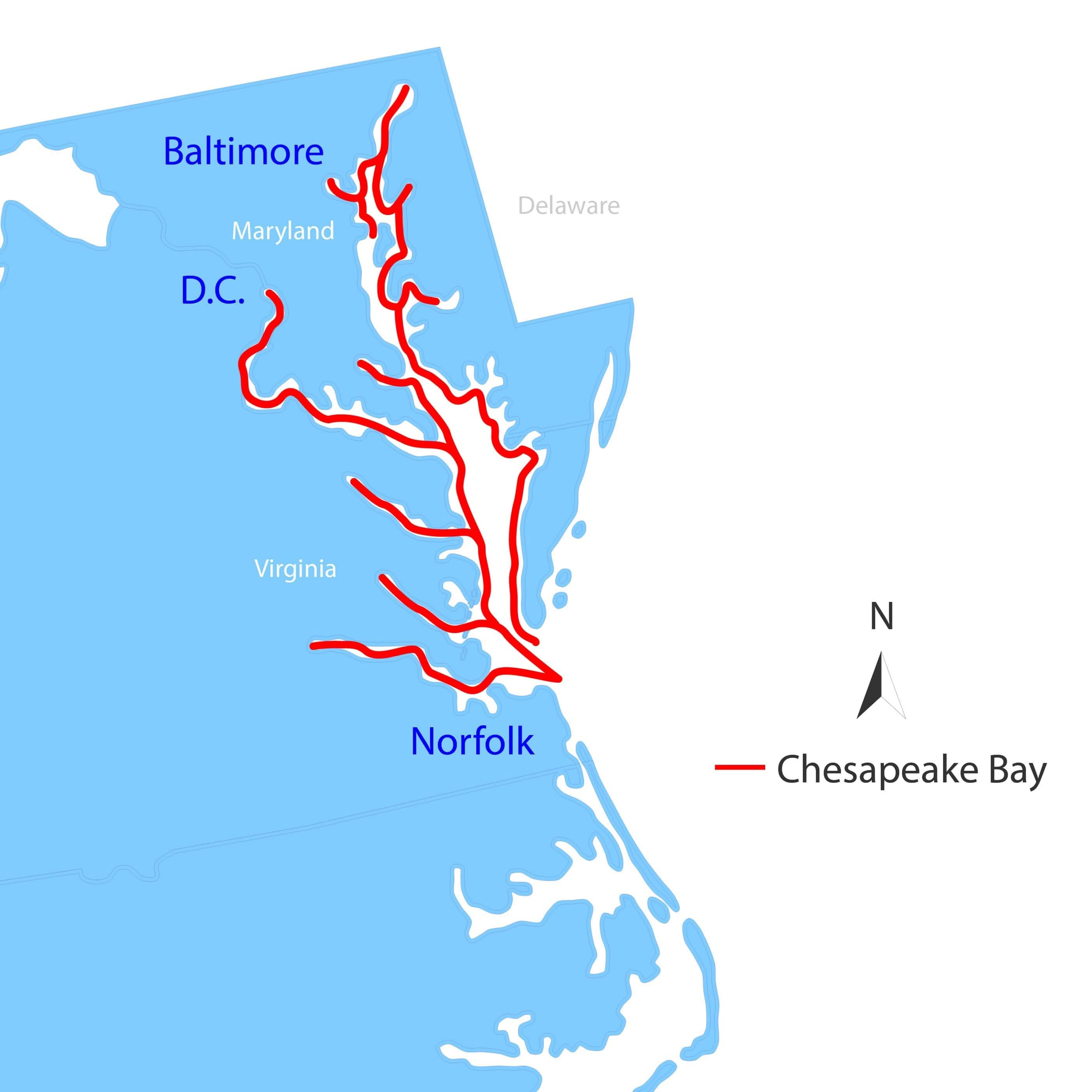 The All-Chesapeake Bay Cruising Guide by The Boat Galley highlights Chesapeake Bay in red, covering Maryland and Virginia. Major cities like Baltimore, D.C., and Norfolk are labeled, with a compass rose indicating north.