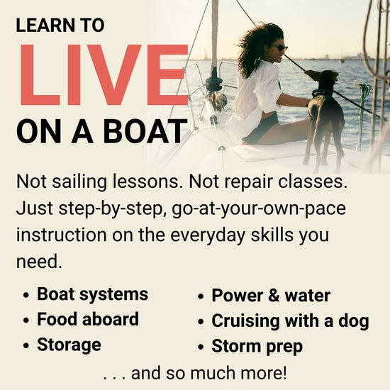 Woman sitting on a boat with text about learning to live on a boat.
