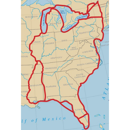 Map of the United States with a red outline highlighting America's Great Loop for cruisers