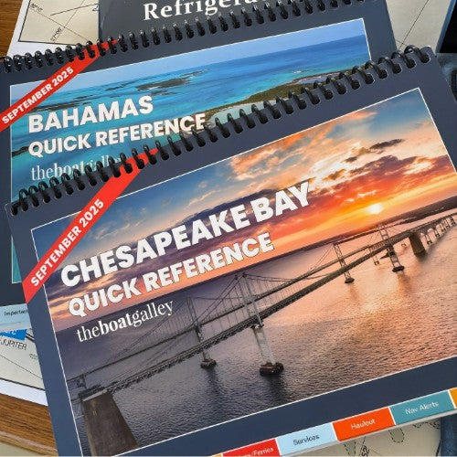 Two spiral-bound books titled 'Bahamas Quick Reference' and 'Chesapeake Bay Quick Reference' by theboatgalley.