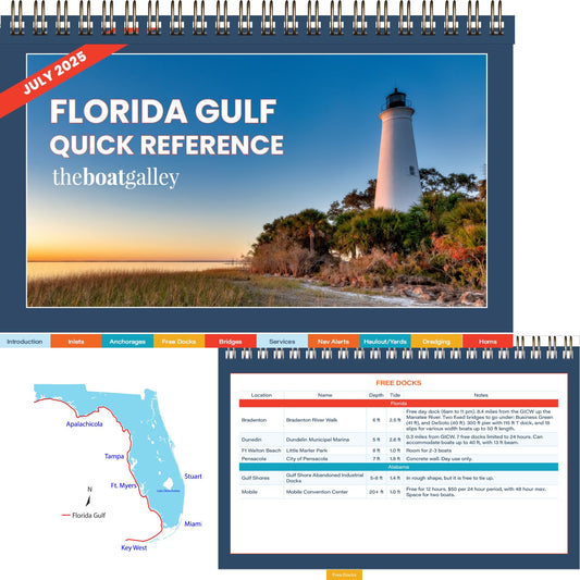 Composite image of The Boat Galley’s “Florida Gulf Coast Quick Reference Cruising Guide” for July 2025, spiral-bound, with a lighthouse cover photo, coastal map, and marina table listing free docks and key boating navigation info.