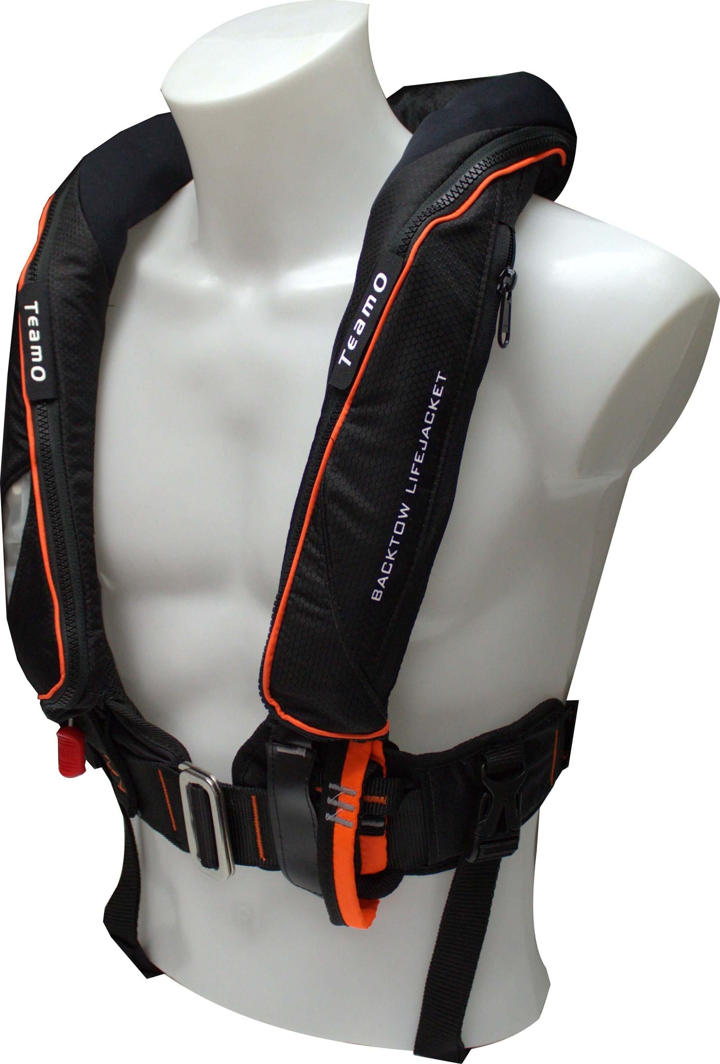A black and orange TeamO PFD with BackTow™ - Offshore Black ProSensor Elite by Cruising Solutions is displayed on a white mannequin torso, featuring adjustable straps, visible buckles, and advanced BackTow Technology.